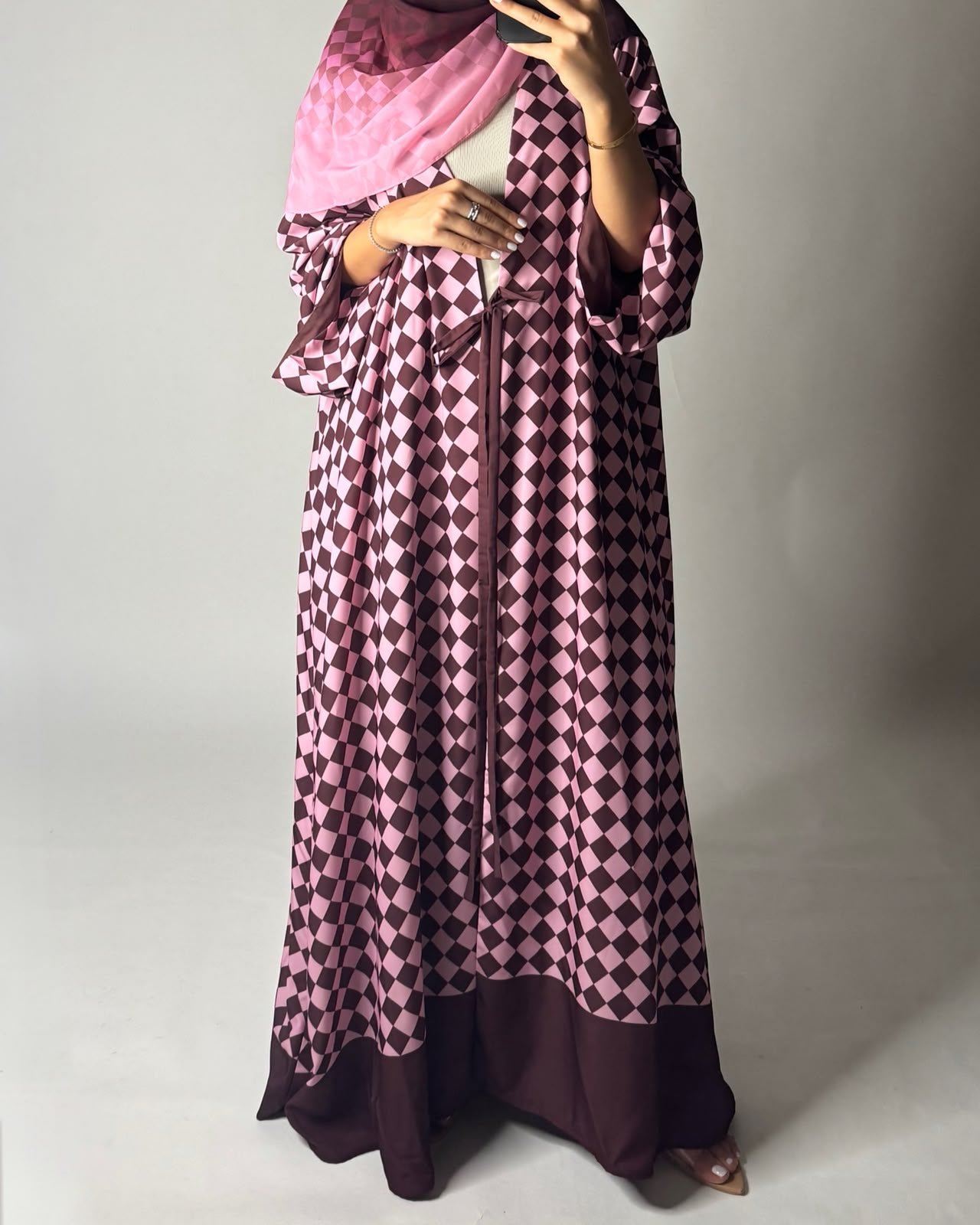 A630 - Maroon & Pink Checkered A-CUT Abaya with Matching Ombre Head Scarf