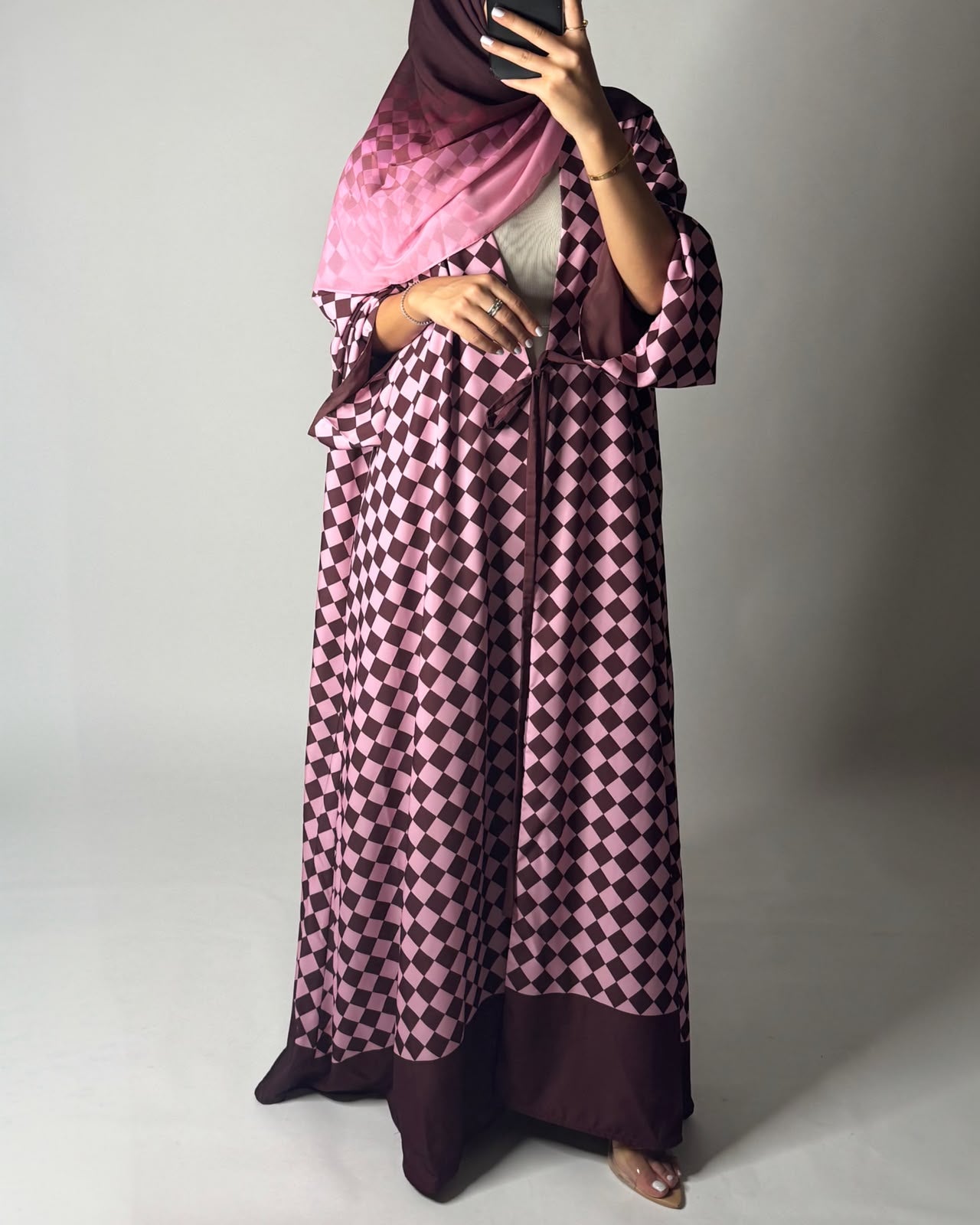 A630 - Maroon & Pink Checkered A-CUT Abaya with Matching Ombre Head Scarf