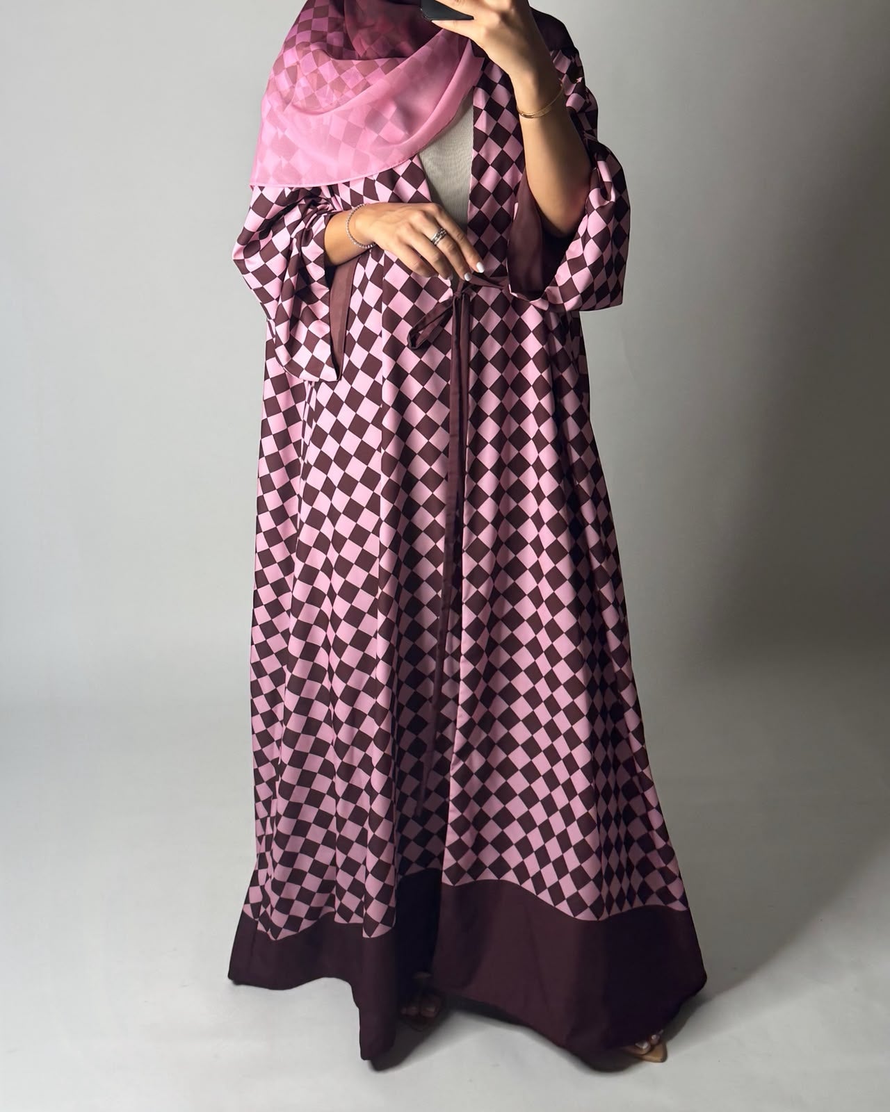 A630 - Maroon & Pink Checkered A-CUT Abaya with Matching Ombre Head Scarf