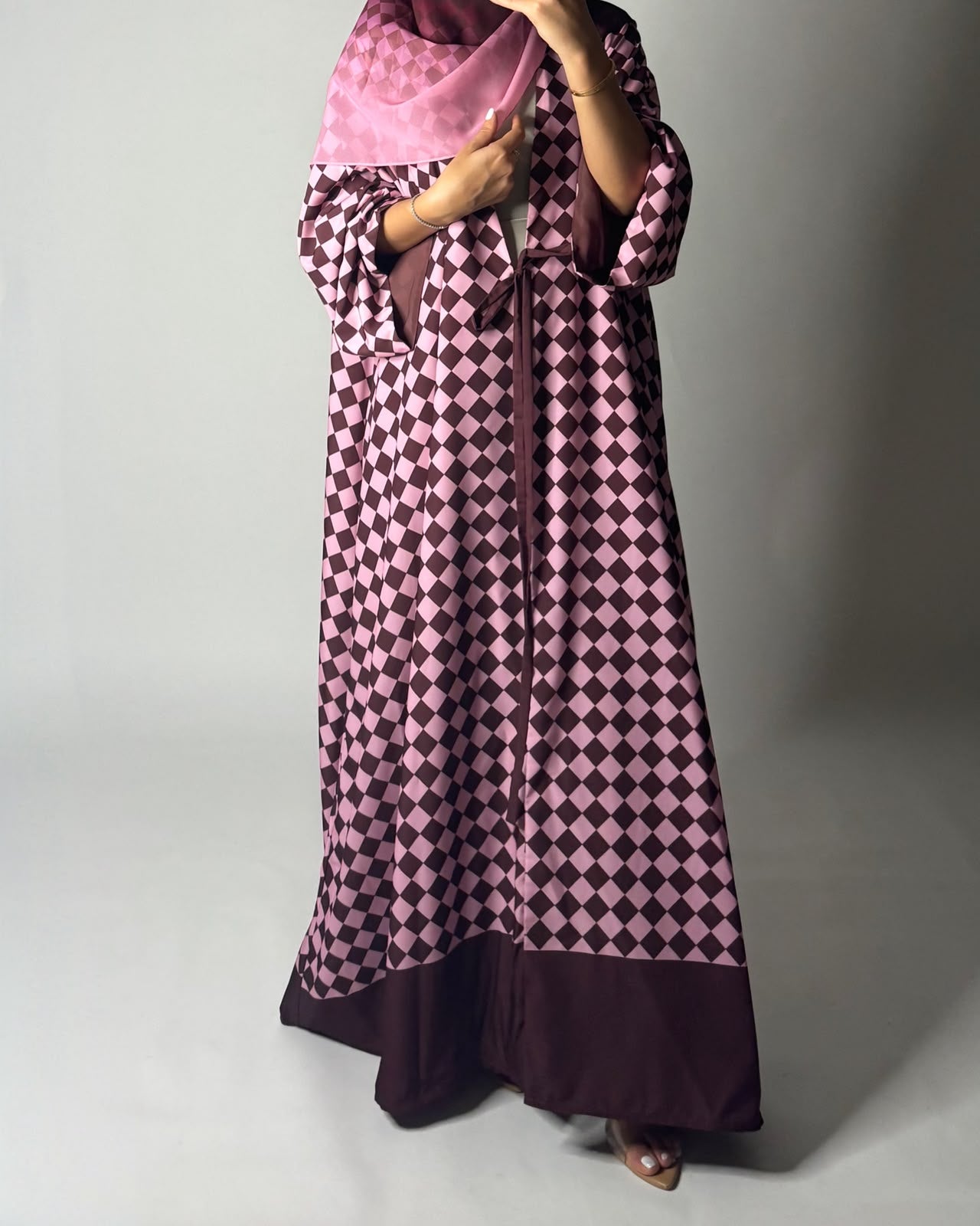 A630 - Maroon & Pink Checkered A-CUT Abaya with Matching Ombre Head Scarf