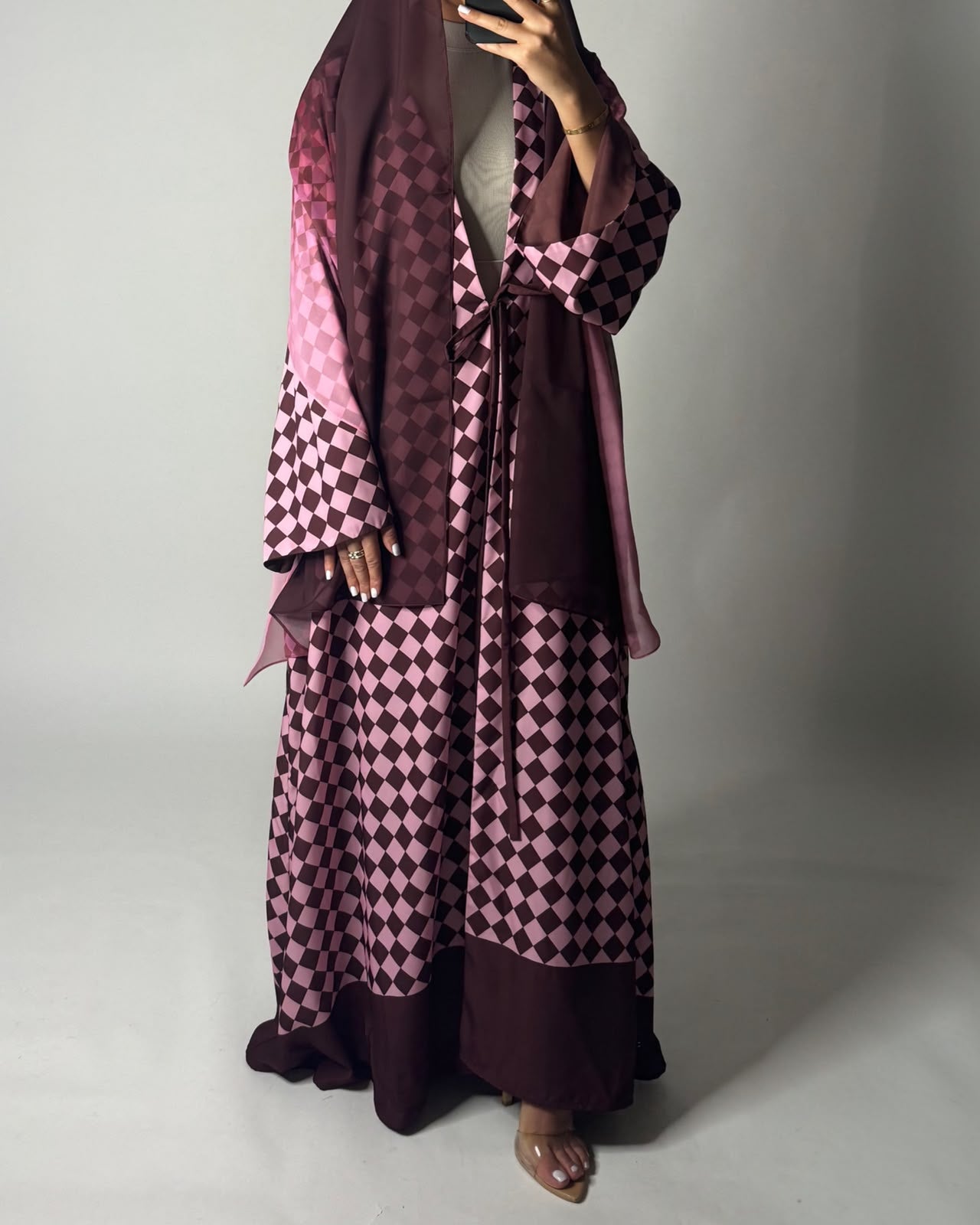 A630 - Maroon & Pink Checkered A-CUT Abaya with Matching Ombre Head Scarf
