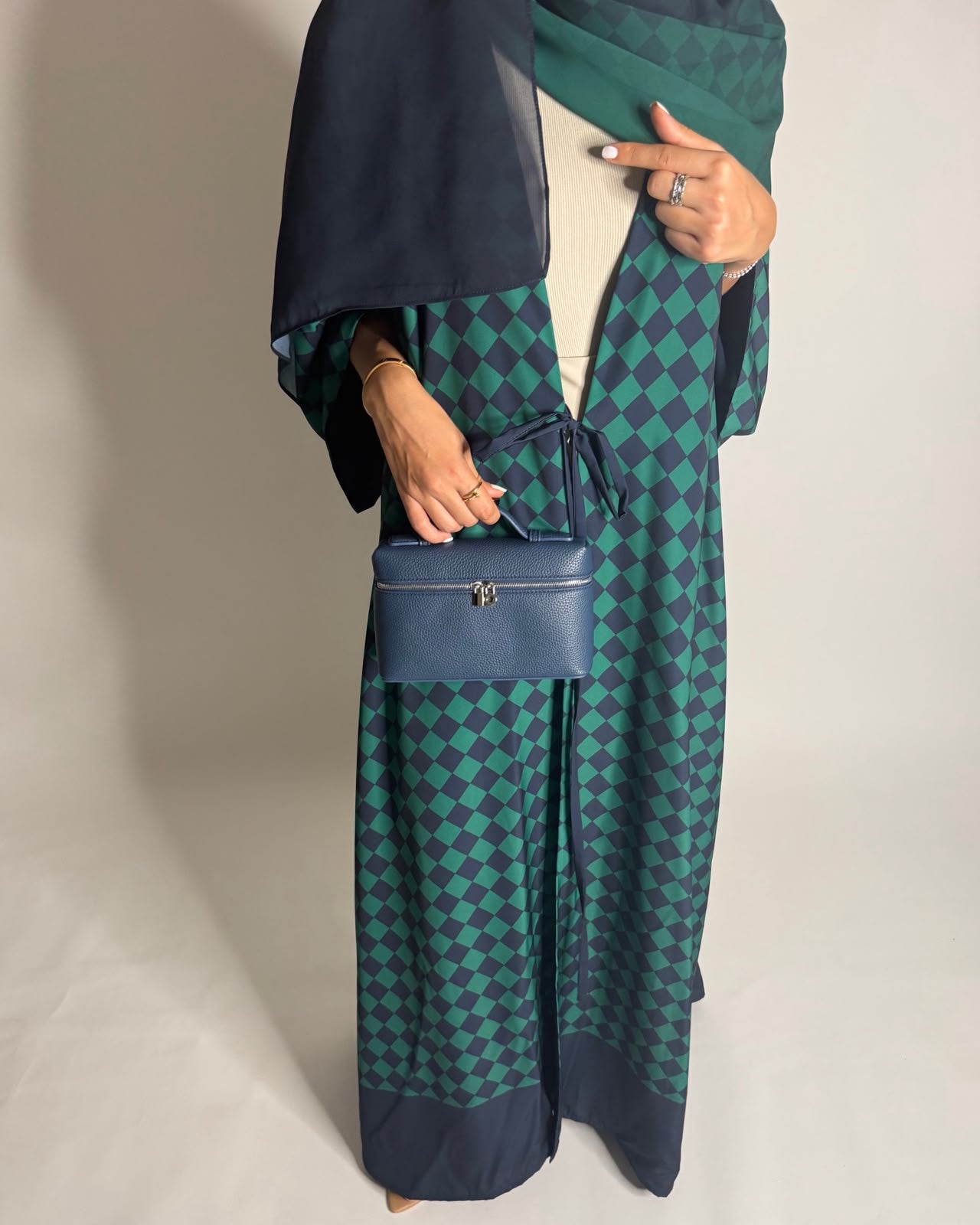 A632 - Navy Blue & Green Checkered A-CUT Abaya with Matching Ombre Head Scarf