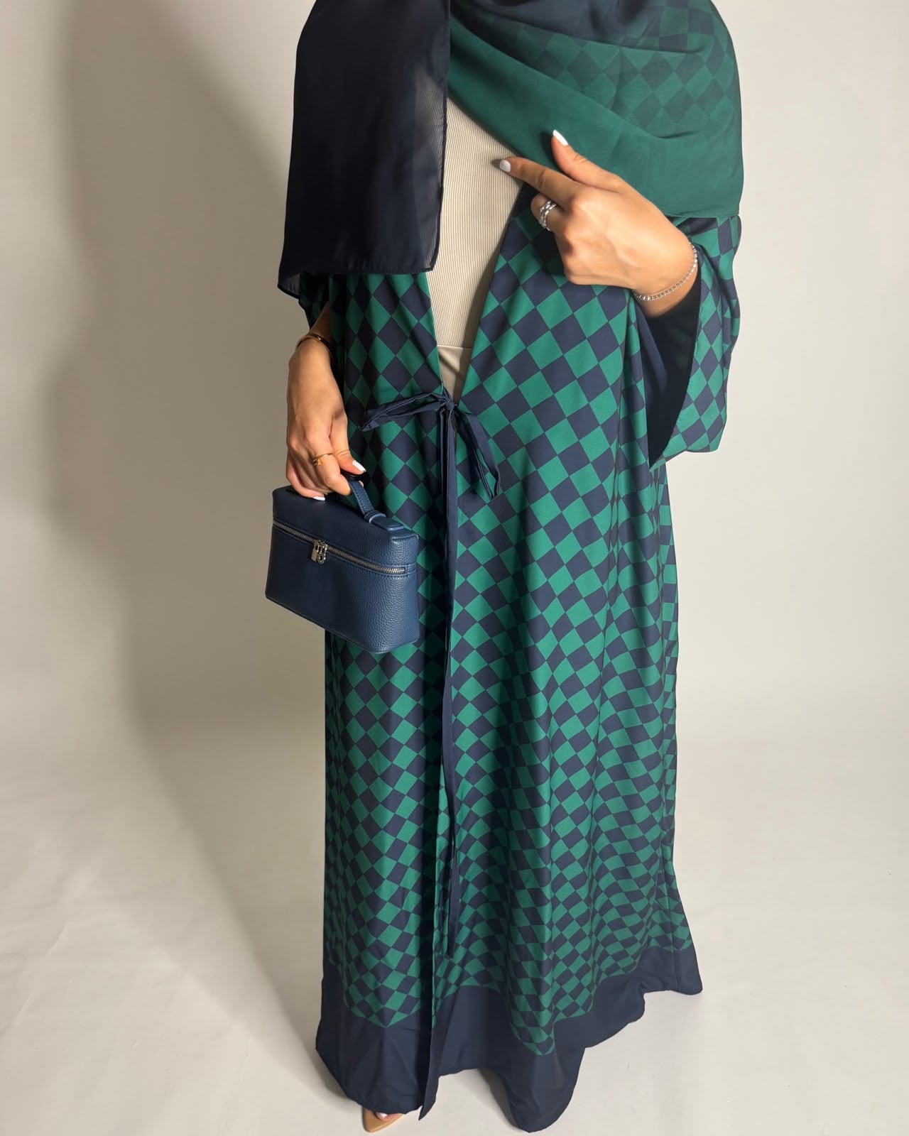 A632 - Navy Blue & Green Checkered A-CUT Abaya with Matching Ombre Head Scarf