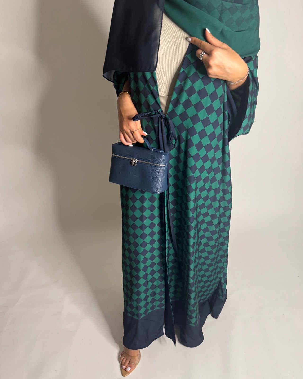 A632 - Navy Blue & Green Checkered A-CUT Abaya with Matching Ombre Head Scarf