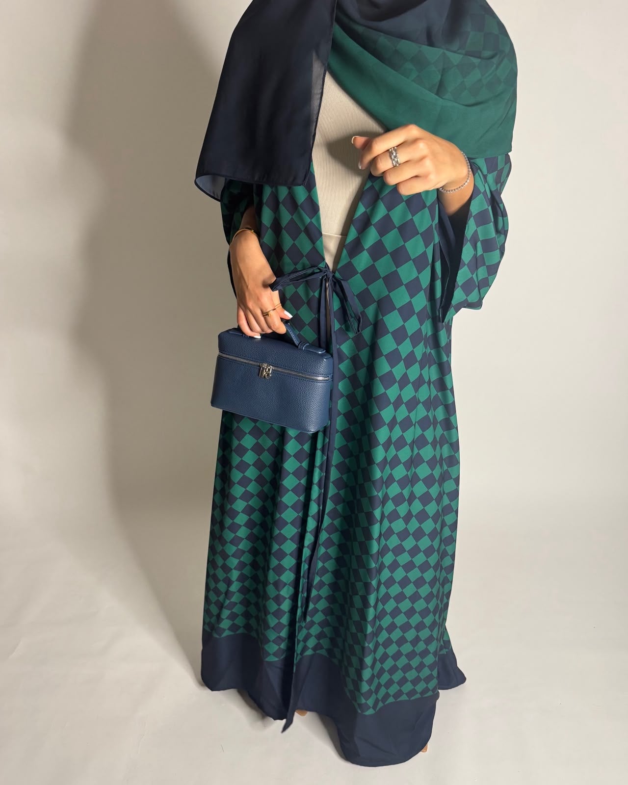 A632 - Navy Blue & Green Checkered A-CUT Abaya with Matching Ombre Head Scarf