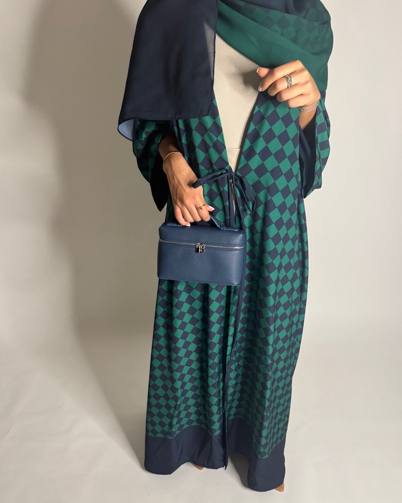 A632 - Navy Blue & Green Checkered A-CUT Abaya with Matching Ombre Head Scarf