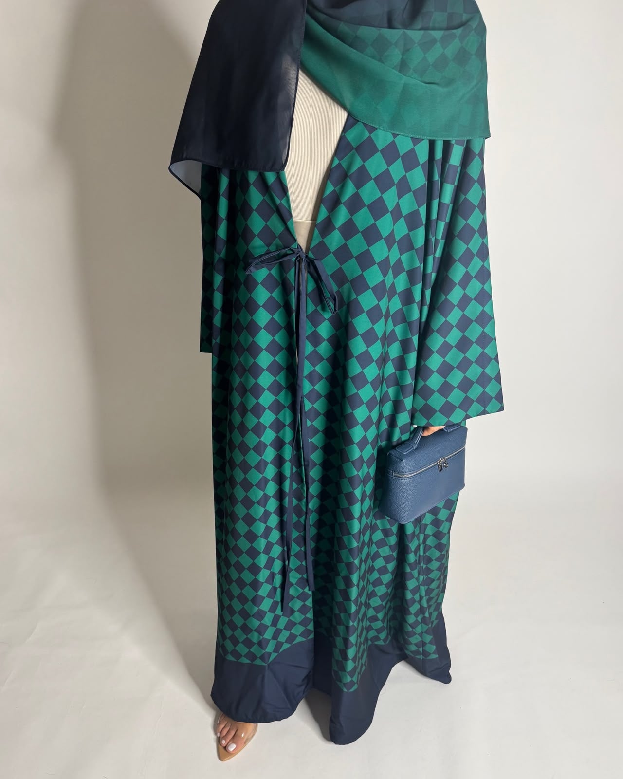 A632 - Navy Blue & Green Checkered A-CUT Abaya with Matching Ombre Head Scarf