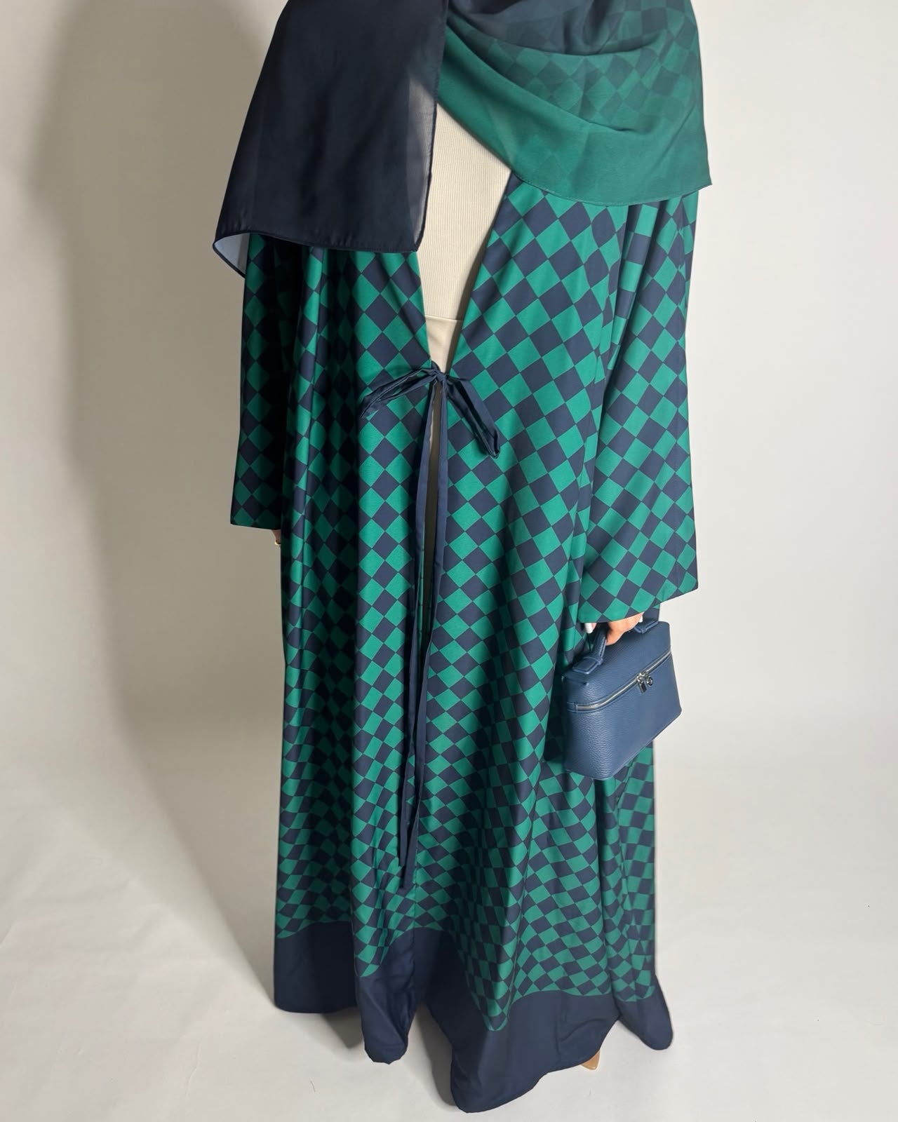 A632 - Navy Blue & Green Checkered A-CUT Abaya with Matching Ombre Head Scarf