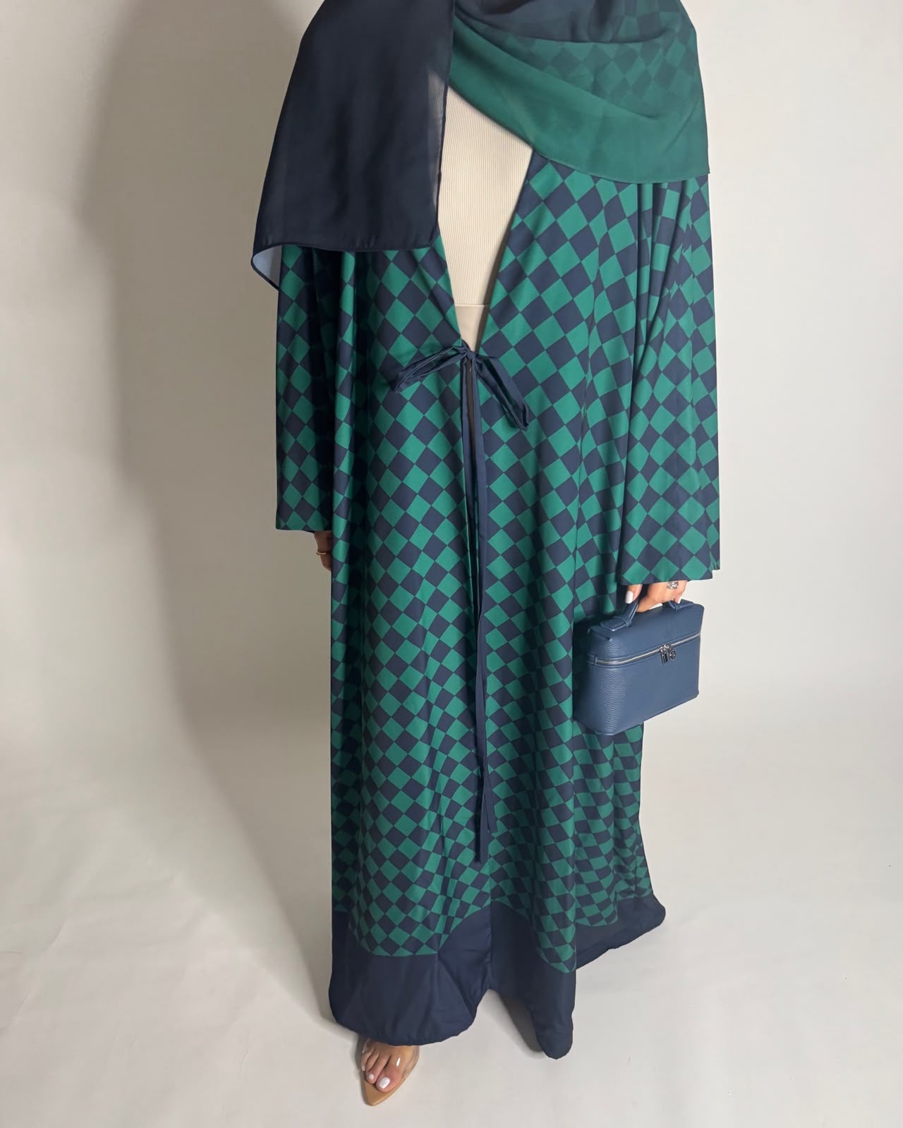 A632 - Navy Blue & Green Checkered A-CUT Abaya with Matching Ombre Head Scarf