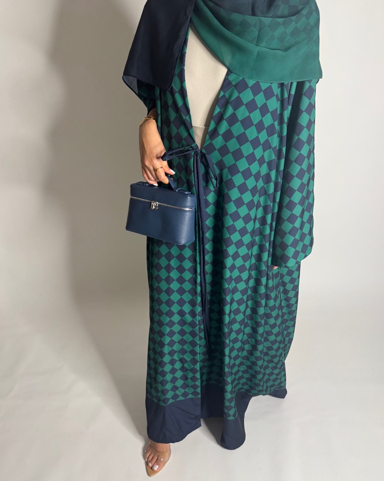 A632 - Navy Blue & Green Checkered A-CUT Abaya with Matching Ombre Head Scarf