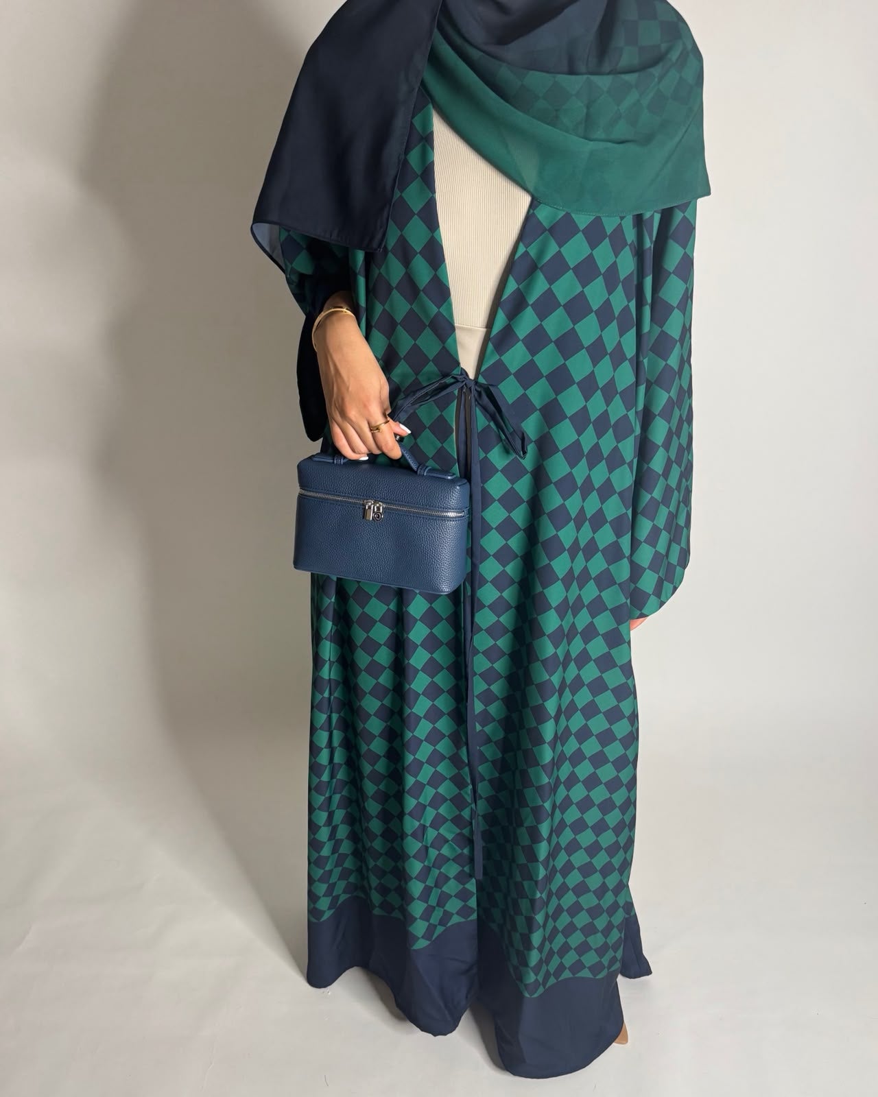 A632 - Navy Blue & Green Checkered A-CUT Abaya with Matching Ombre Head Scarf