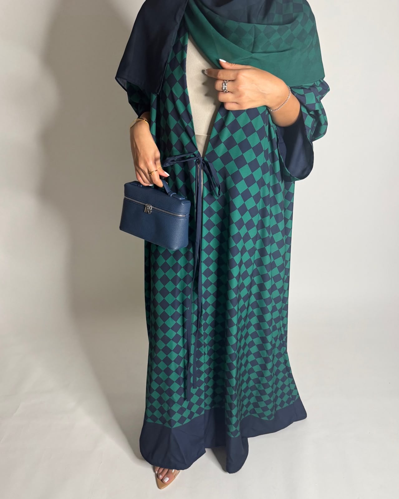 A632 - Navy Blue & Green Checkered A-CUT Abaya with Matching Ombre Head Scarf