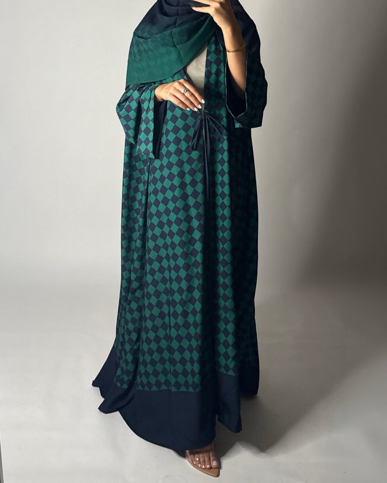 A632 - Navy Blue & Green Checkered A-CUT Abaya with Matching Ombre Head Scarf