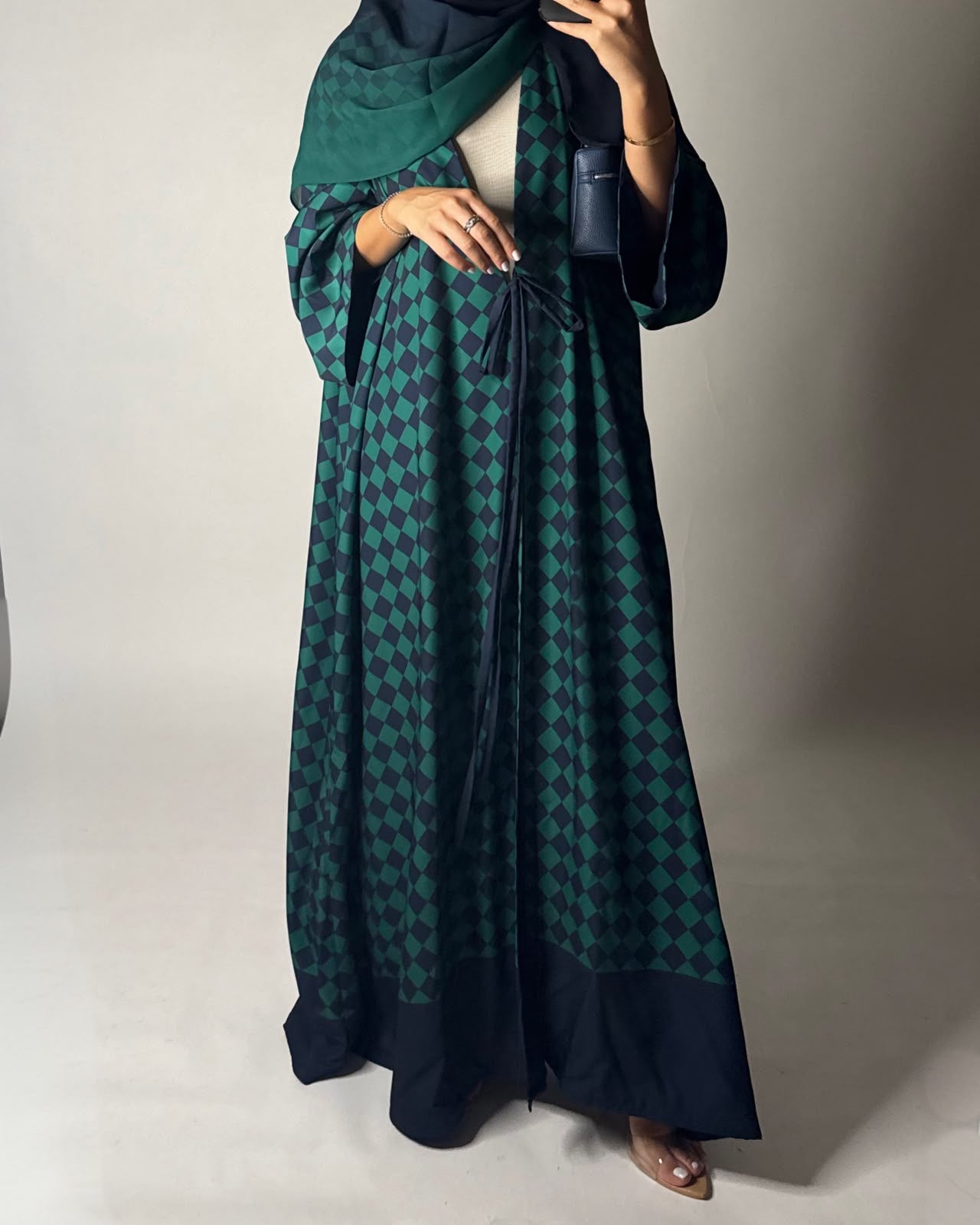 A632 - Navy Blue & Green Checkered A-CUT Abaya with Matching Ombre Head Scarf