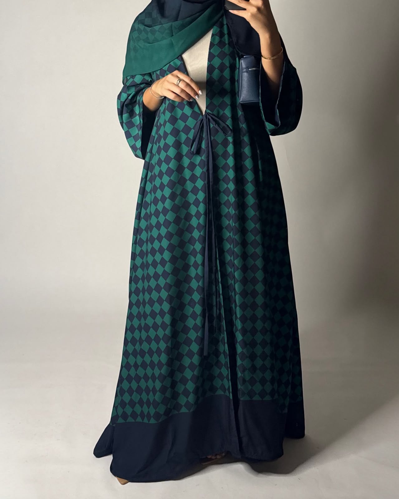 A632 - Navy Blue & Green Checkered A-CUT Abaya with Matching Ombre Head Scarf
