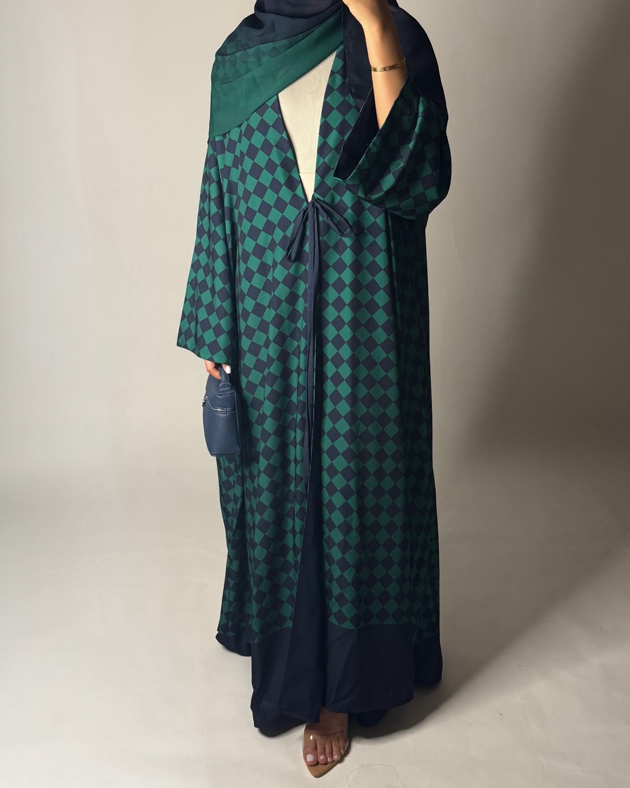 A632 - Navy Blue & Green Checkered A-CUT Abaya with Matching Ombre Head Scarf
