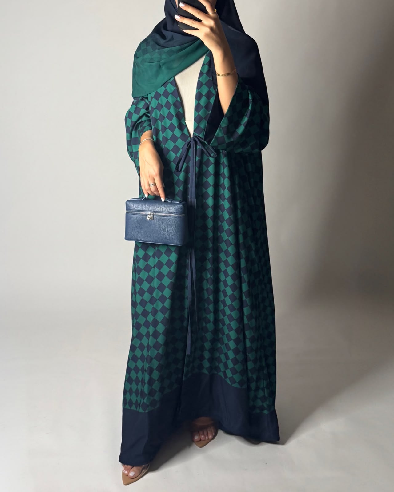A632 - Navy Blue & Green Checkered A-CUT Abaya with Matching Ombre Head Scarf