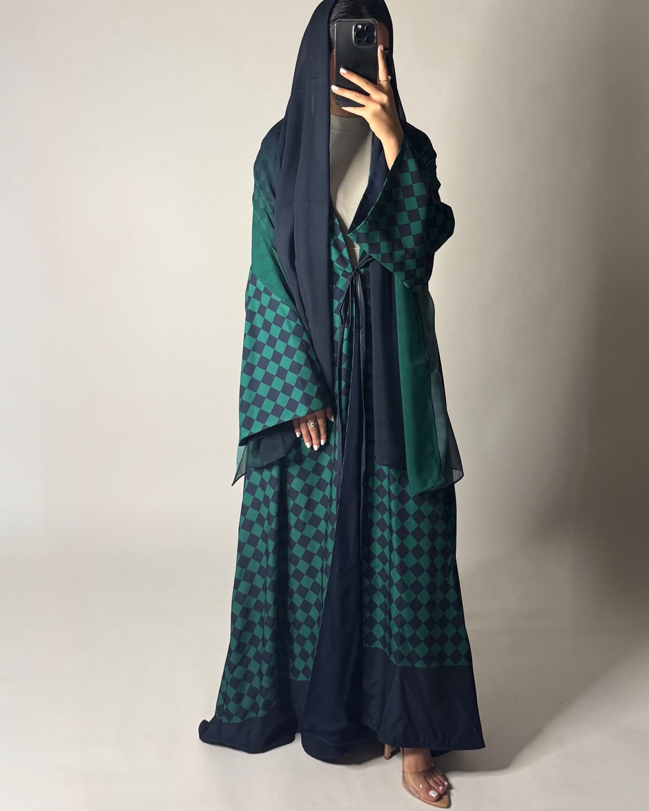 A632 - Navy Blue & Green Checkered A-CUT Abaya with Matching Ombre Head Scarf