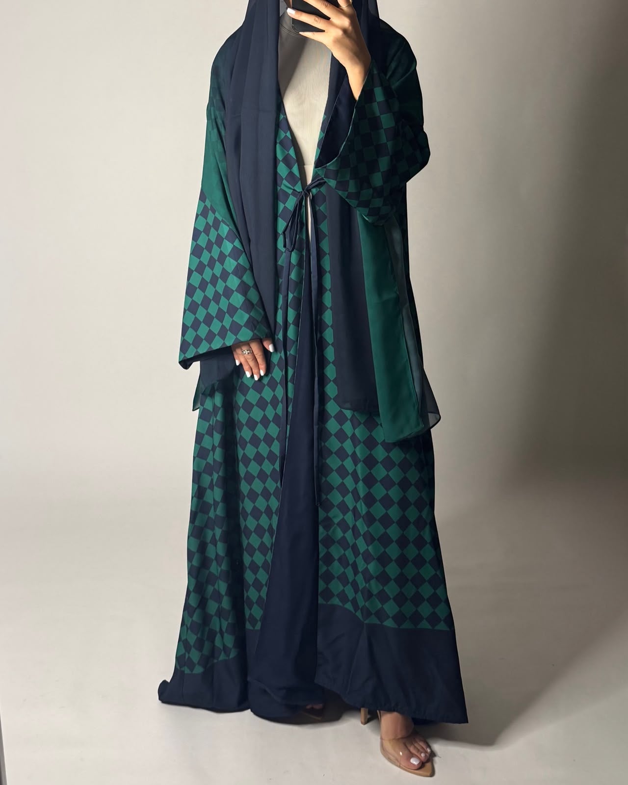 A632 - Navy Blue & Green Checkered A-CUT Abaya with Matching Ombre Head Scarf