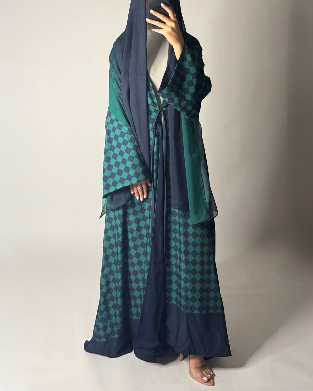 A632 - Navy Blue & Green Checkered A-CUT Abaya with Matching Ombre Head Scarf