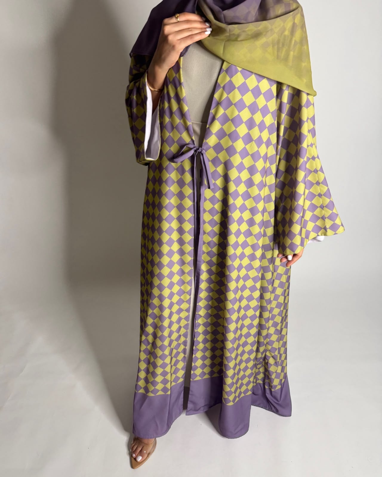 A631 - Purple & Green Checkered A-CUT Abaya with Matching Ombre Head Scarf