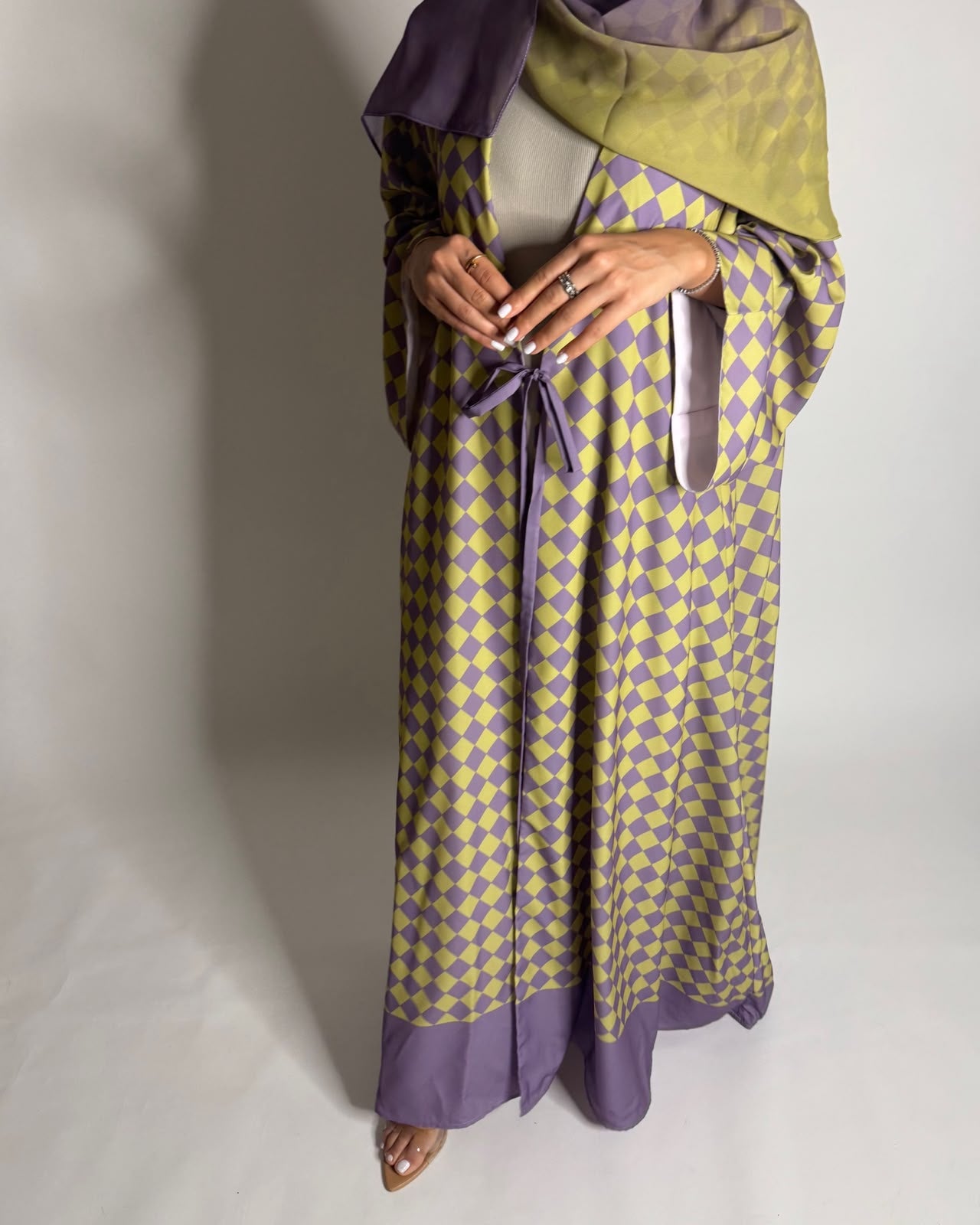 A631 - Purple & Green Checkered A-CUT Abaya with Matching Ombre Head Scarf