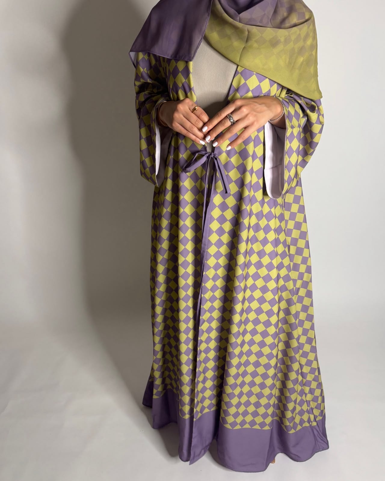 A631 - Purple & Green Checkered A-CUT Abaya with Matching Ombre Head Scarf