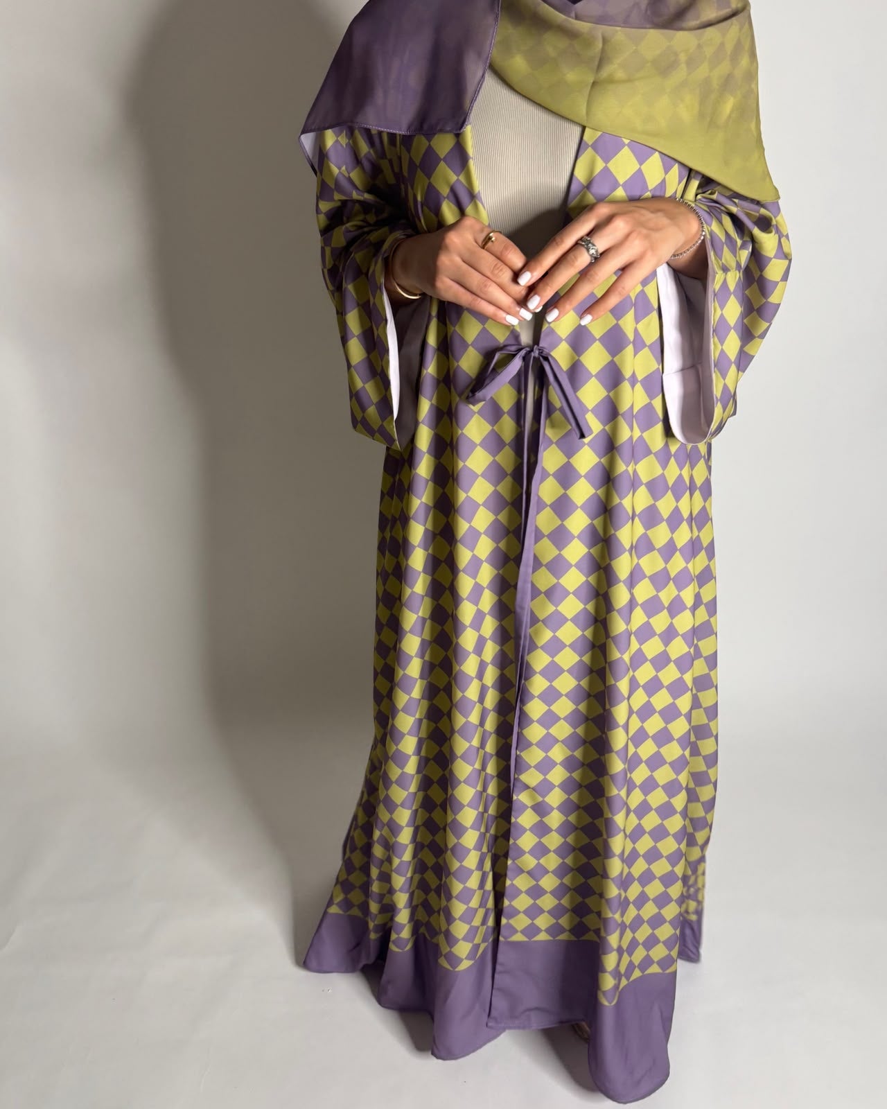 A631 - Purple & Green Checkered A-CUT Abaya with Matching Ombre Head Scarf