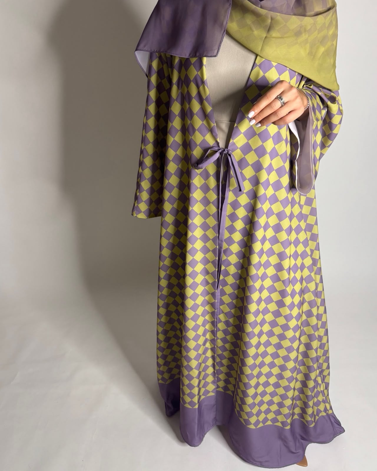 A631 - Purple & Green Checkered A-CUT Abaya with Matching Ombre Head Scarf