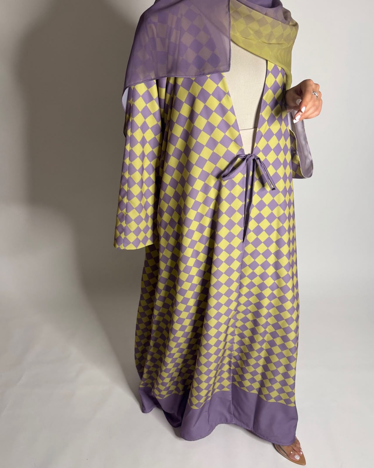 A631 - Purple & Green Checkered A-CUT Abaya with Matching Ombre Head Scarf
