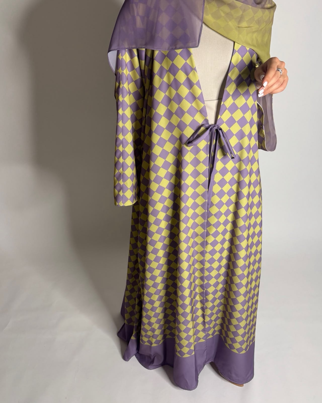 A631 - Purple & Green Checkered A-CUT Abaya with Matching Ombre Head Scarf