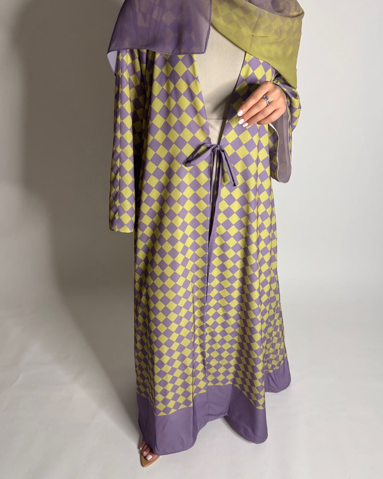 A631 - Purple & Green Checkered A-CUT Abaya with Matching Ombre Head Scarf