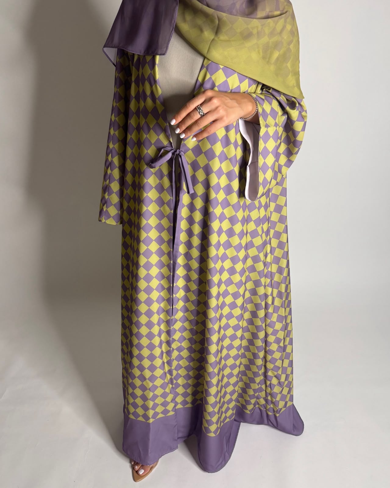 A631 - Purple & Green Checkered A-CUT Abaya with Matching Ombre Head Scarf