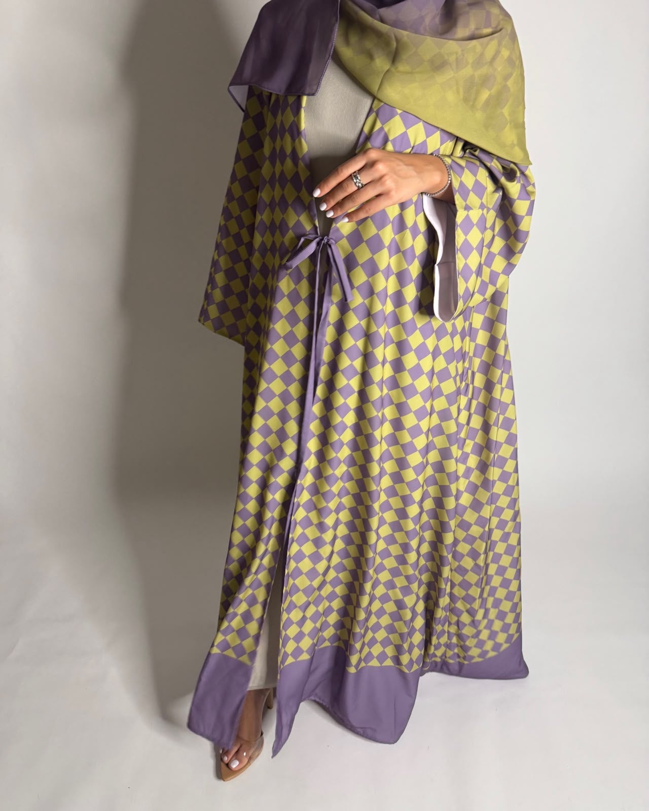 A631 - Purple & Green Checkered A-CUT Abaya with Matching Ombre Head Scarf