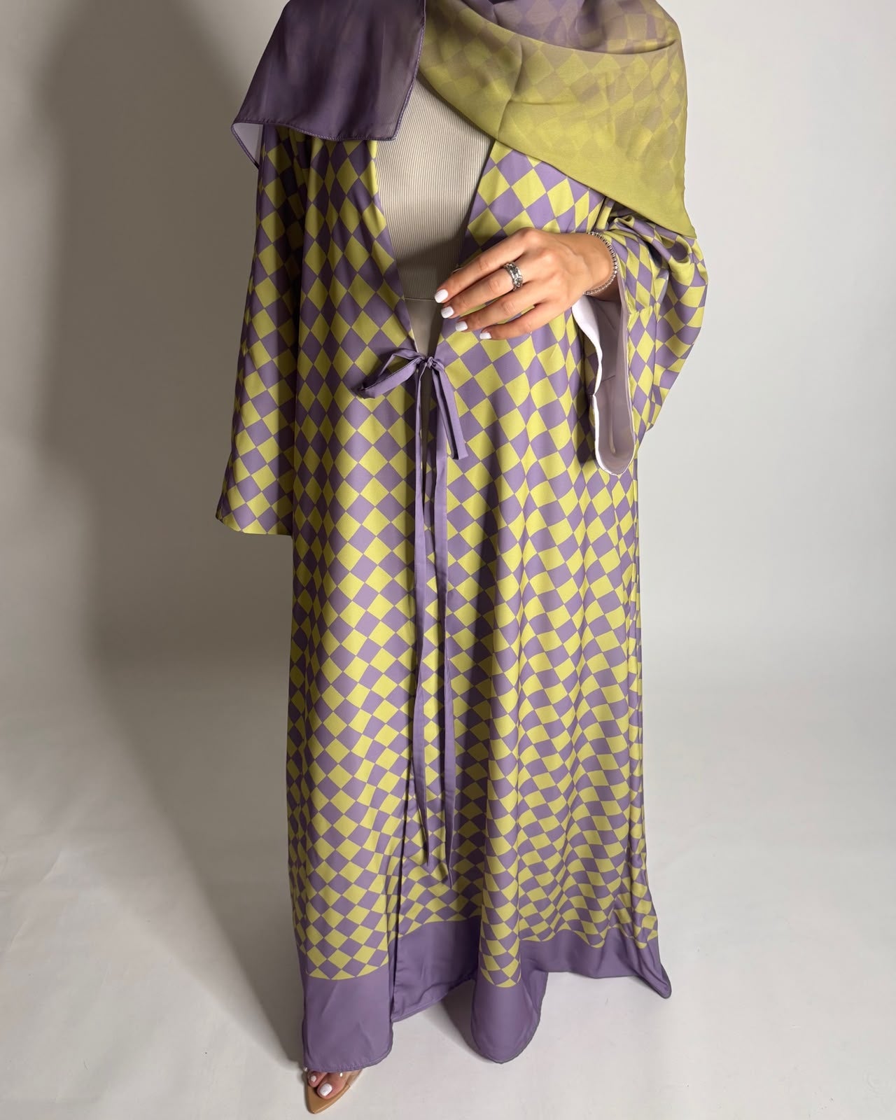 A631 - Purple & Green Checkered A-CUT Abaya with Matching Ombre Head Scarf