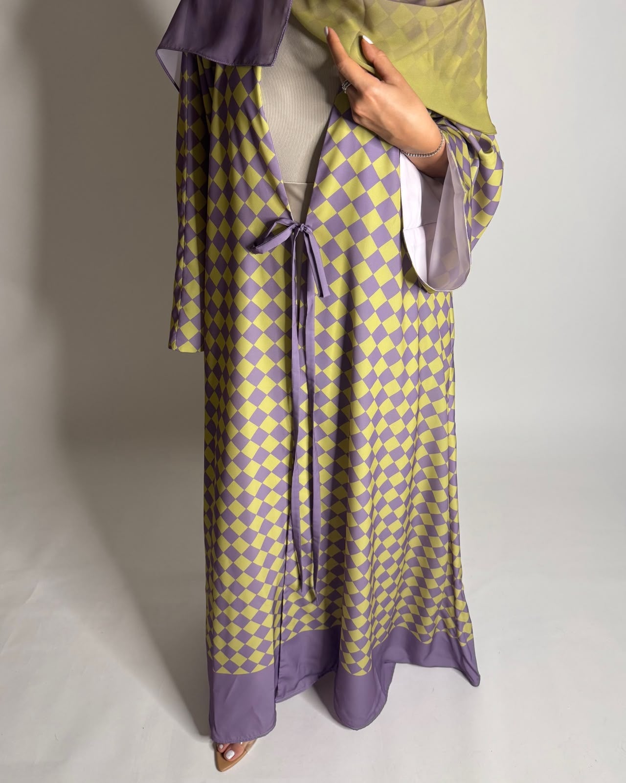A631 - Purple & Green Checkered A-CUT Abaya with Matching Ombre Head Scarf