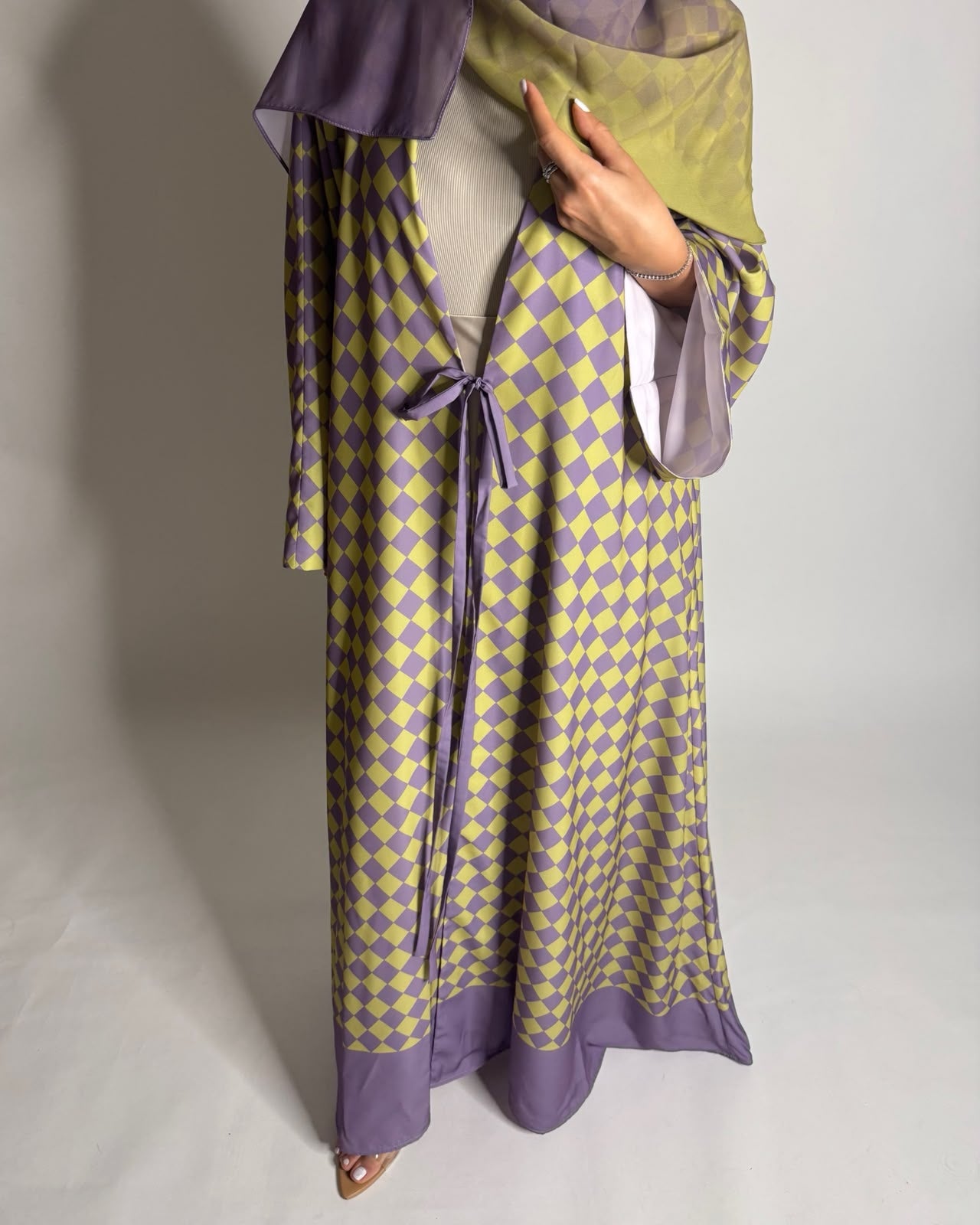 A631 - Purple & Green Checkered A-CUT Abaya with Matching Ombre Head Scarf