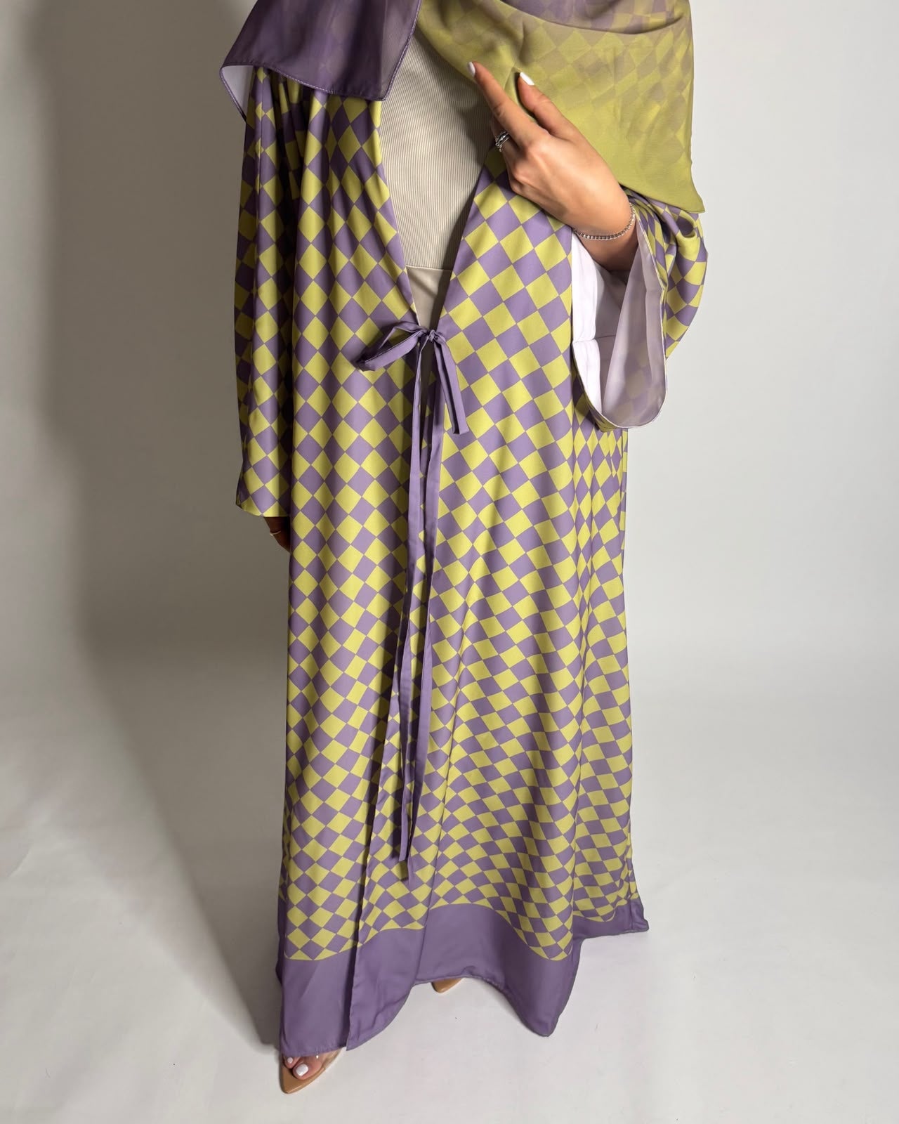 A631 - Purple & Green Checkered A-CUT Abaya with Matching Ombre Head Scarf