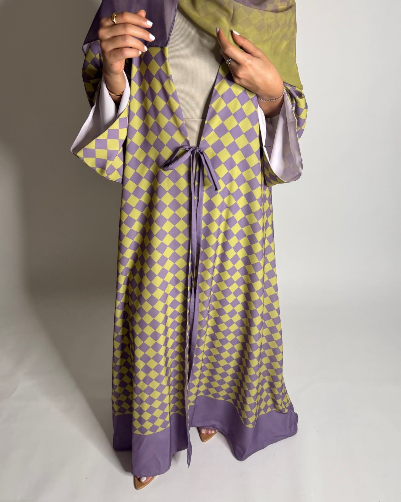 A631 - Purple & Green Checkered A-CUT Abaya with Matching Ombre Head Scarf