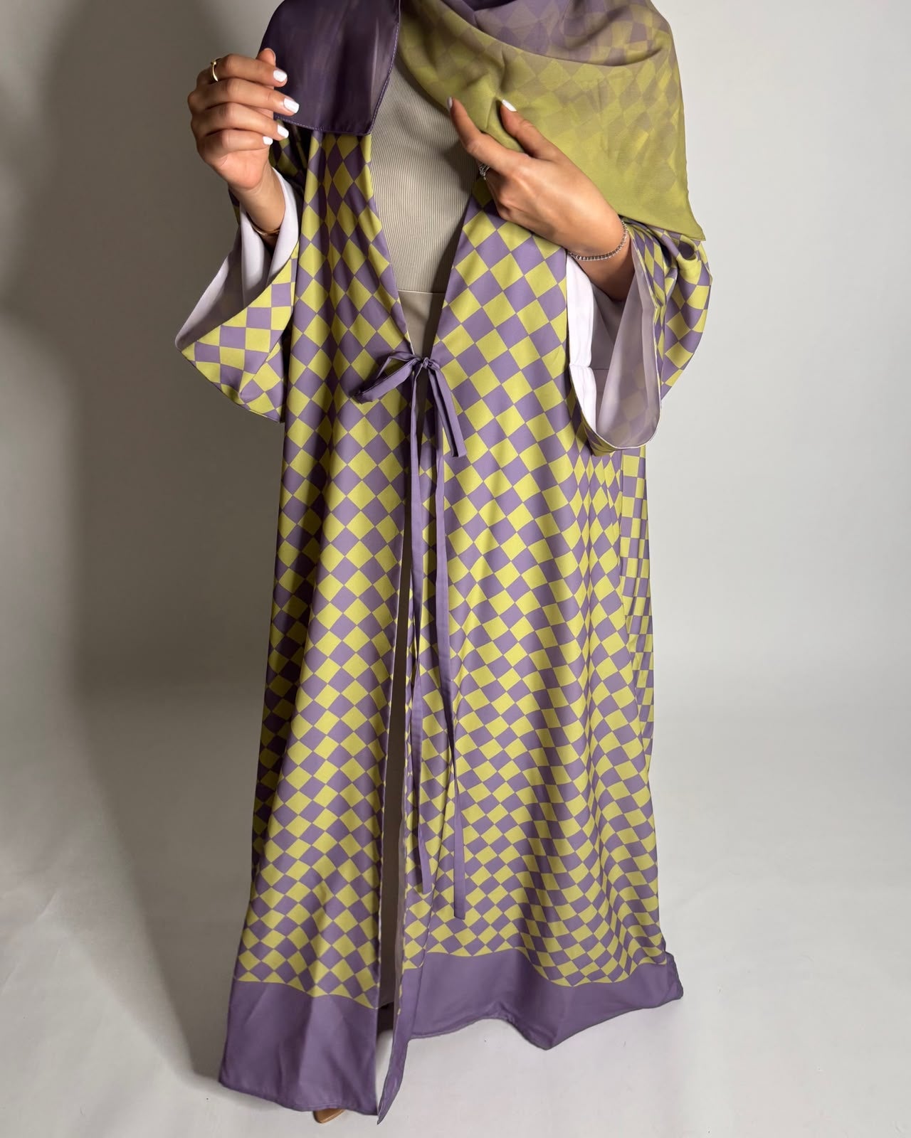 A631 - Purple & Green Checkered A-CUT Abaya with Matching Ombre Head Scarf