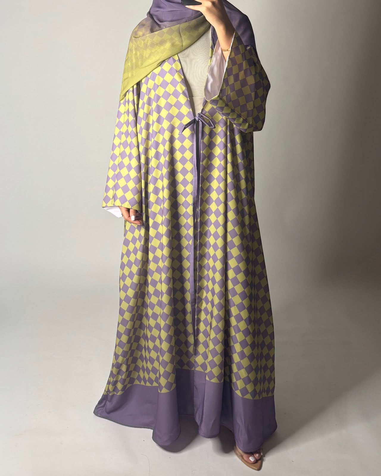 A631 - Purple & Green Checkered A-CUT Abaya with Matching Ombre Head Scarf