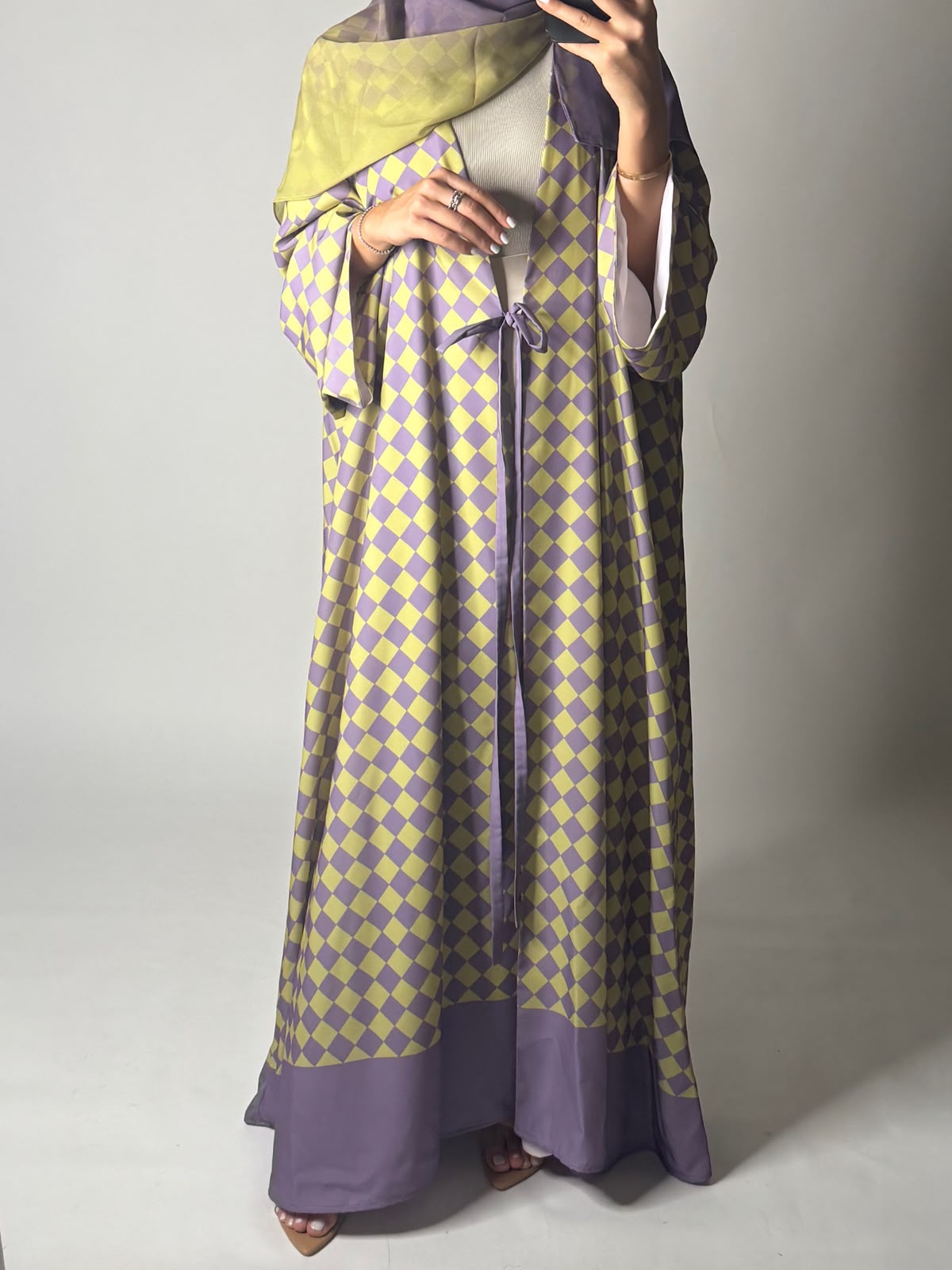 A631 - Purple & Green Checkered A-CUT Abaya with Matching Ombre Head Scarf