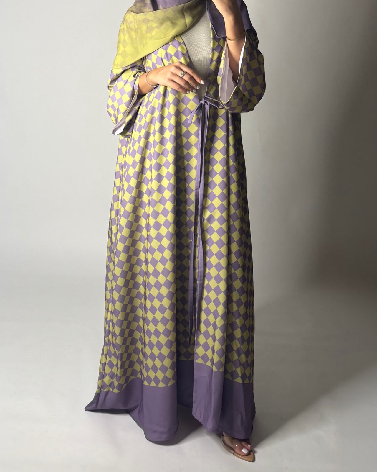A631 - Purple & Green Checkered A-CUT Abaya with Matching Ombre Head Scarf