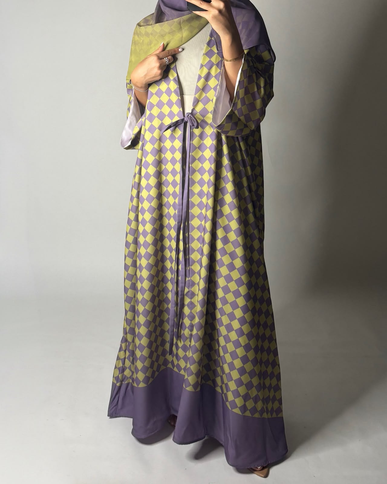 A631 - Purple & Green Checkered A-CUT Abaya with Matching Ombre Head Scarf
