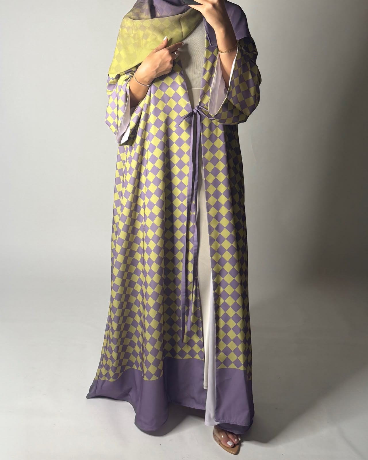 A631 - Purple & Green Checkered A-CUT Abaya with Matching Ombre Head Scarf