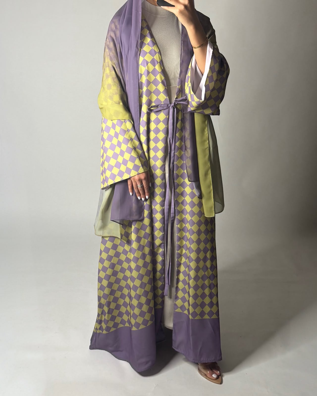 A631 - Purple & Green Checkered A-CUT Abaya with Matching Ombre Head Scarf