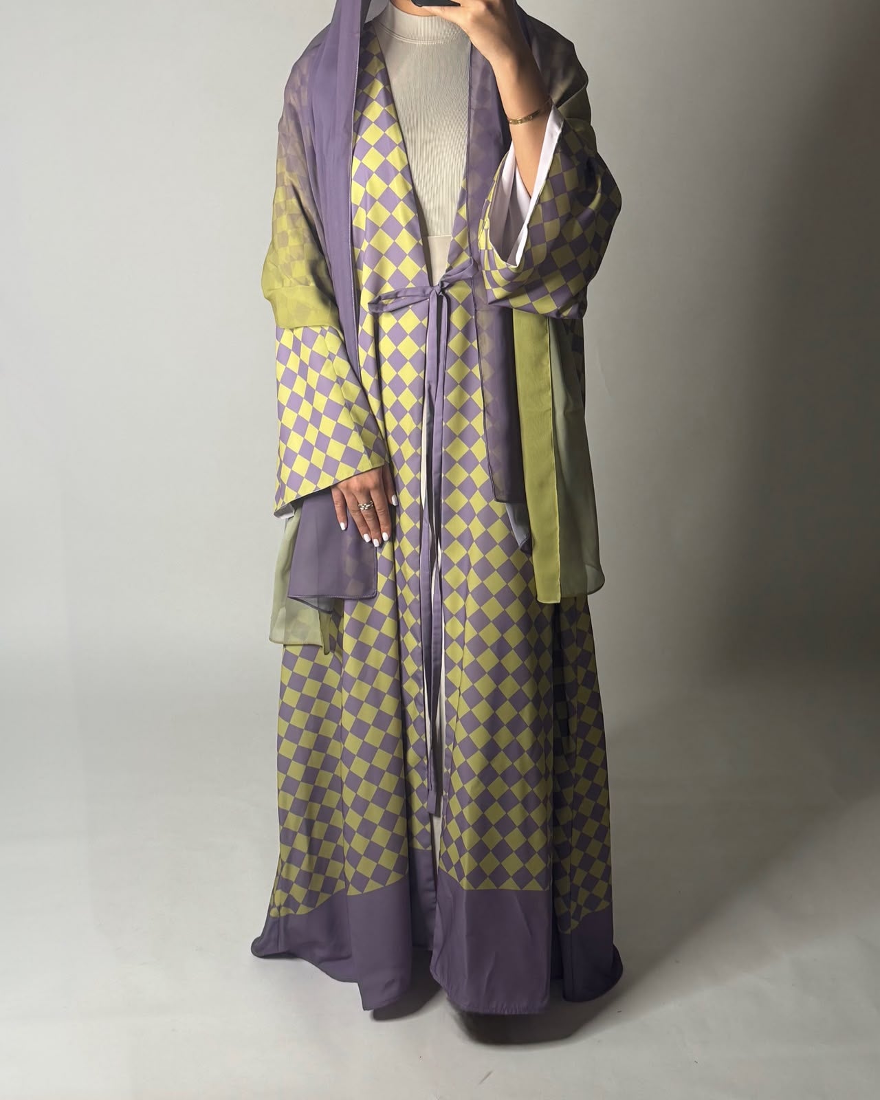 A631 - Purple & Green Checkered A-CUT Abaya with Matching Ombre Head Scarf