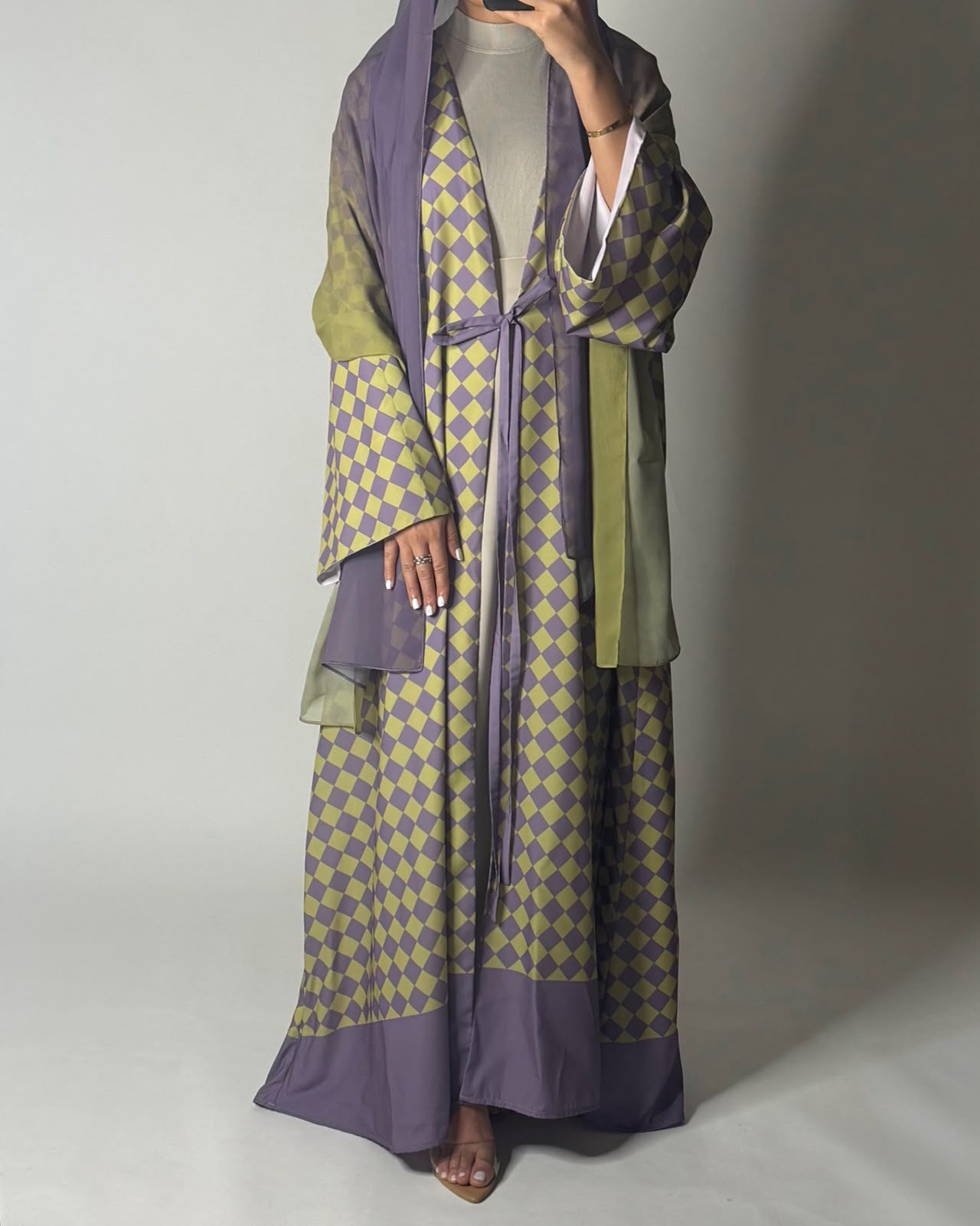 A631 - Purple & Green Checkered A-CUT Abaya with Matching Ombre Head Scarf
