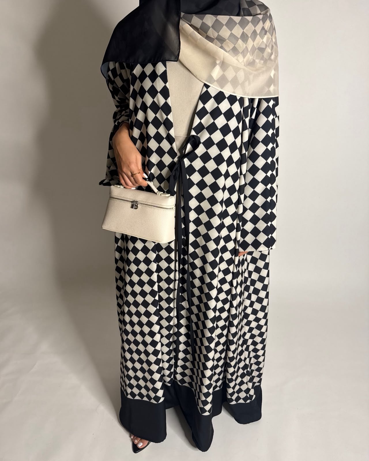 A627 - Black & Cream Checkered A-CUT Abaya with Matching Ombre Head Scarf