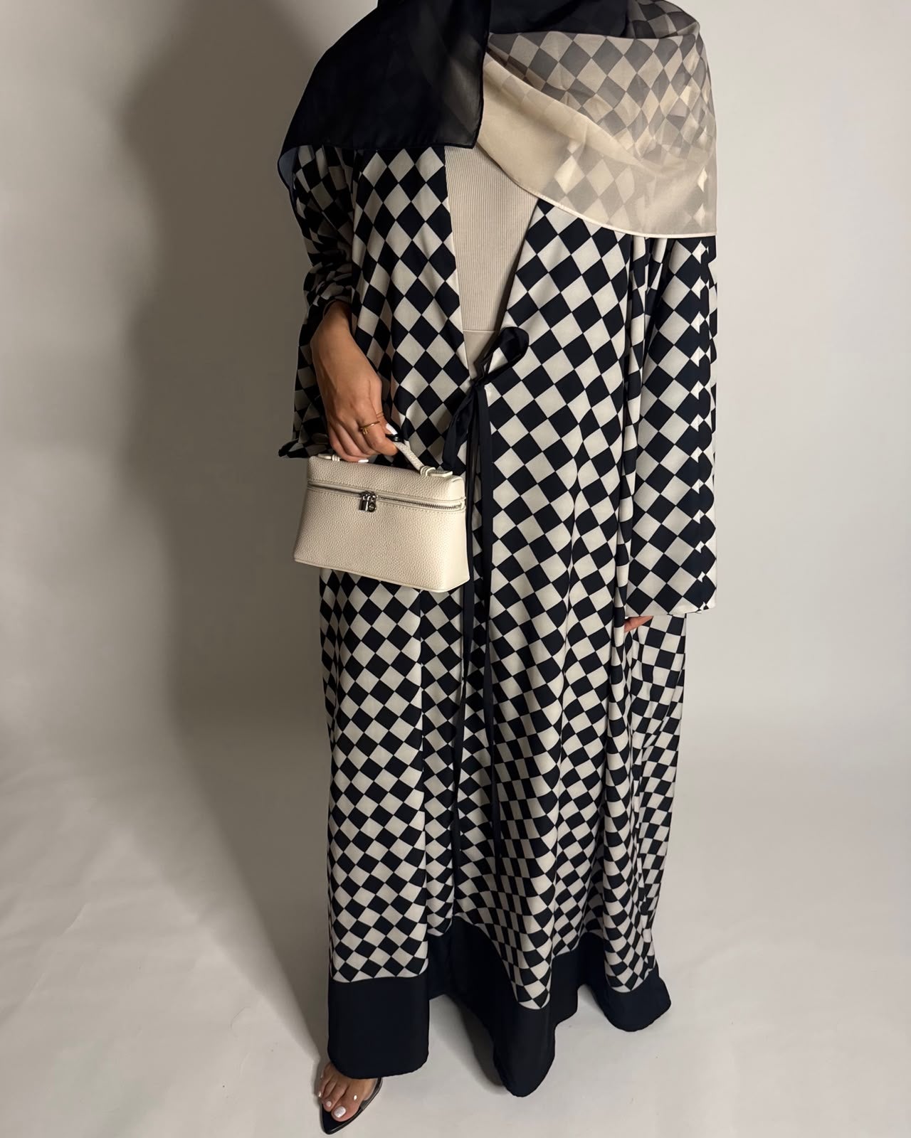 A627 - Black & Cream Checkered A-CUT Abaya with Matching Ombre Head Scarf